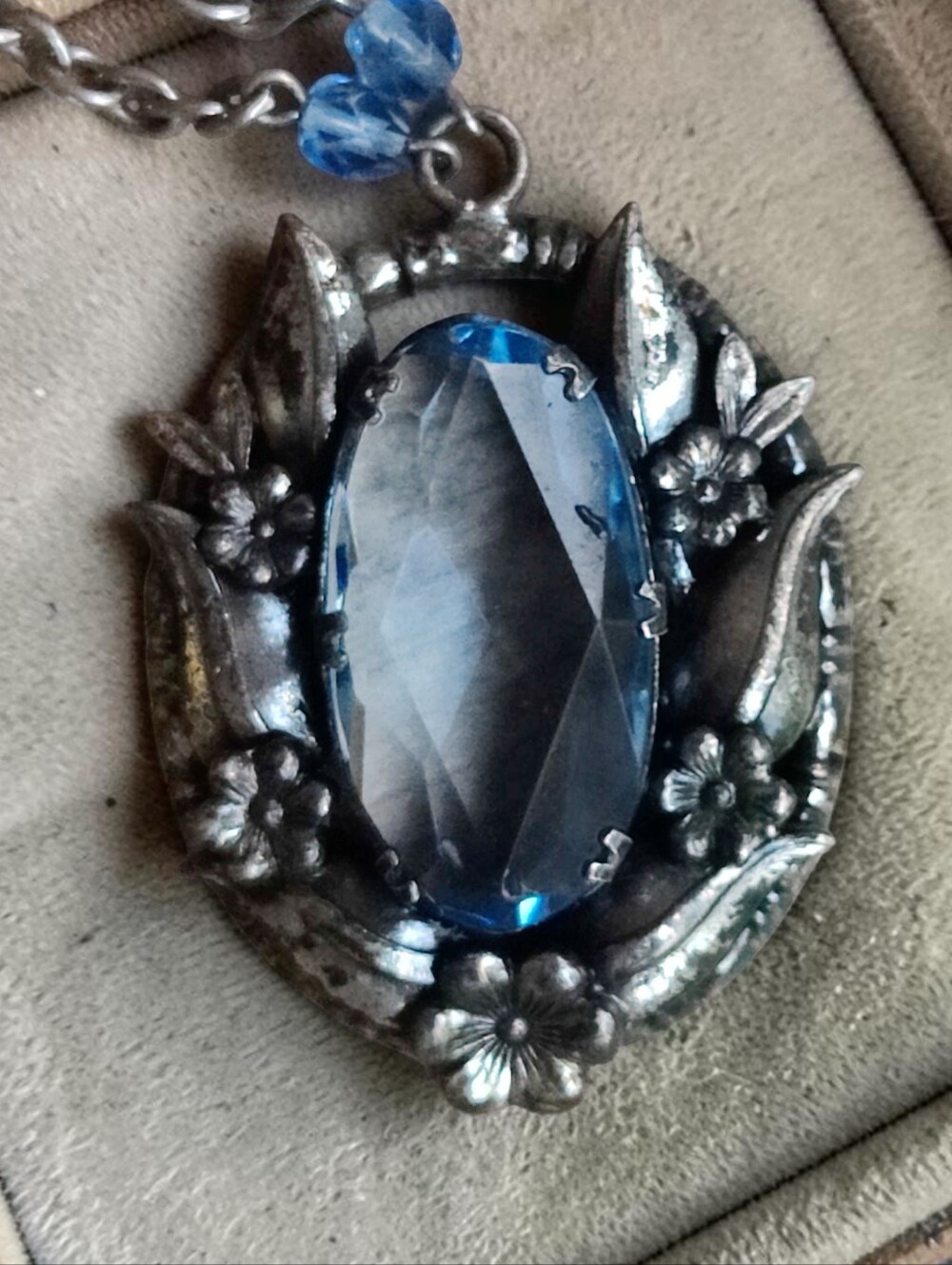 Antique Art Nouveau Blue Czech Glass Pendant Necklace